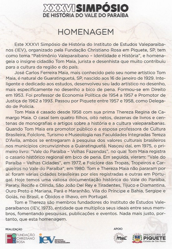 2025 - TOM MAIA foi o homenageado do XXXVI Simpósio de História do Vale do Paraíba